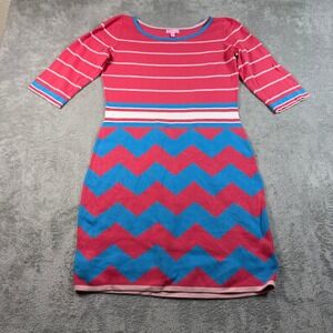 Lilly Pulitzer Lindsey Sweater Dress Women XL Pink Blue Chevron Knit 3/4 Sleeve